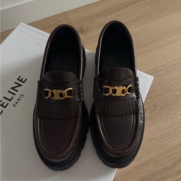 Celine Dark Brown Leather Kiltie Loafers with Gold Chain - Picture 4 of 9